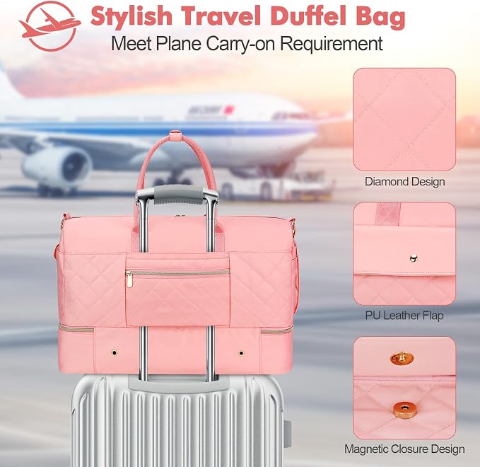 Travel Duffel Bag, Large Weekender Bag for Women with Shoe Compartment, Carry on Overnight Bag with Toiletry Makeup Bag, Gym Duffel Bag Travel Tote Bag for Travel Gym Camping Hospital, Pink - Image 6