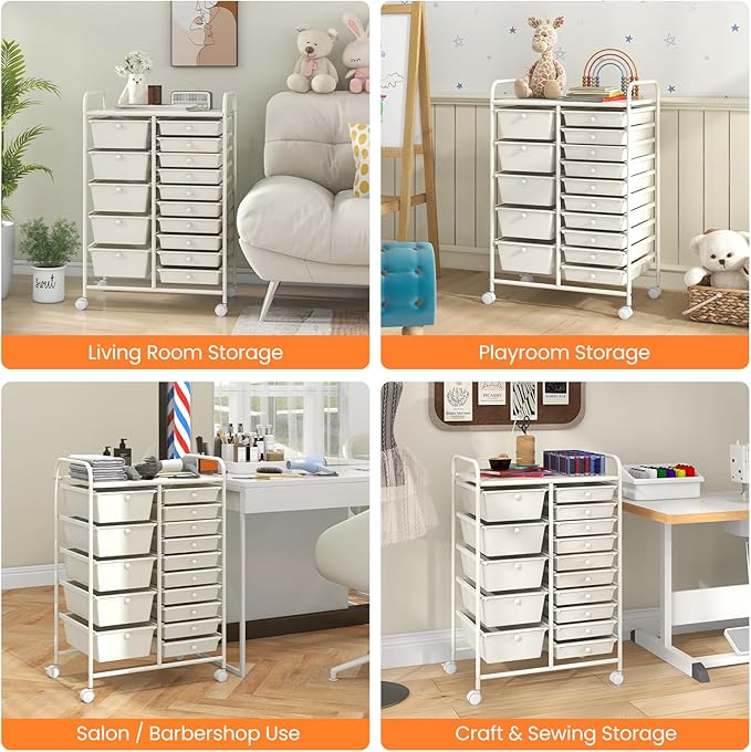 Moccha 15-Drawer Rolling Storage Cart - Under Desk Storage Drawers with wheels for Craft Art Supply Paper Salon, Scrapbook Paper Tools, Mobile Utility Cart for Classroom (15 Drawers, White) - Image 9