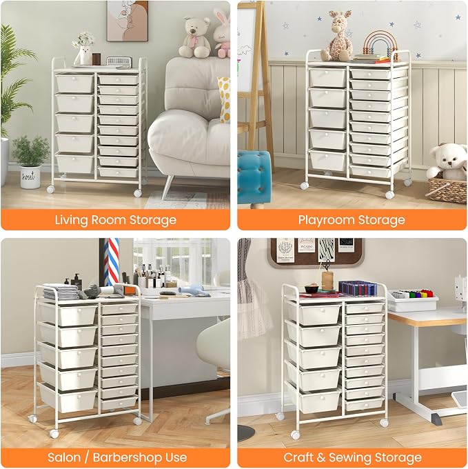15 Drawer Rolling Storage Cart, Rolling Cart with Drawers for Classroom, Art Supply Craft Organizer on Wheel with Metal Frame & Handles for Home Office School - Image 9