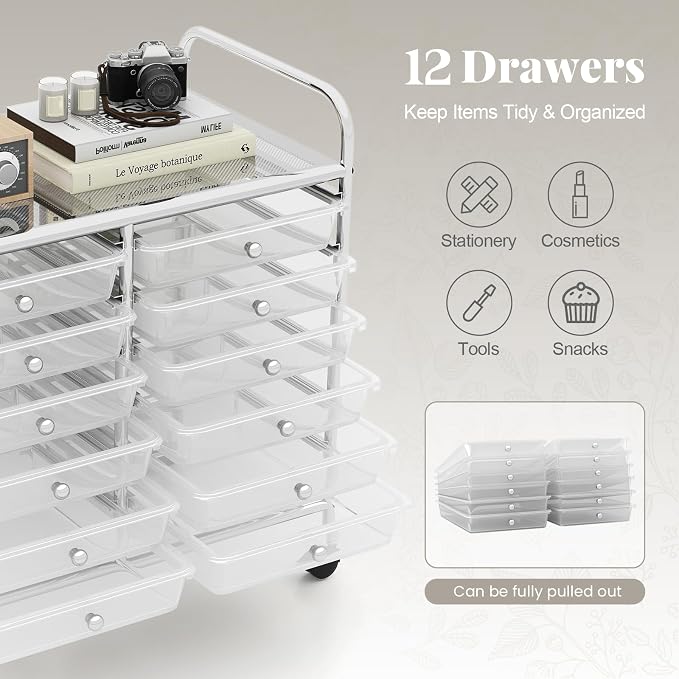 RELAX4LIFE 12-Drawer Rolling Storage Cart - Mobile Utility Cart on Wheels for School Classroom Teacher Office Salon, Paper File Art Supply Craft Organizer, Rolling Cart with Drawers (Clear) - Image 4