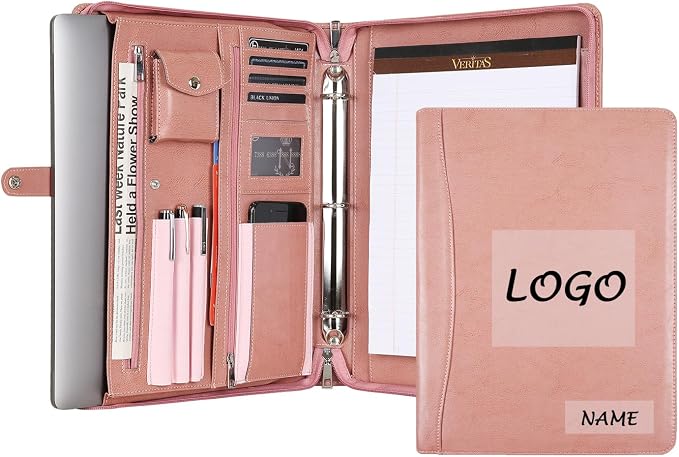 Pink Leather Padfolio for Women, Business Leather Binder 3 Ring Portfolio, Personalzied Leather Portfolio Binder (Pink, Custom) by YLYYHH