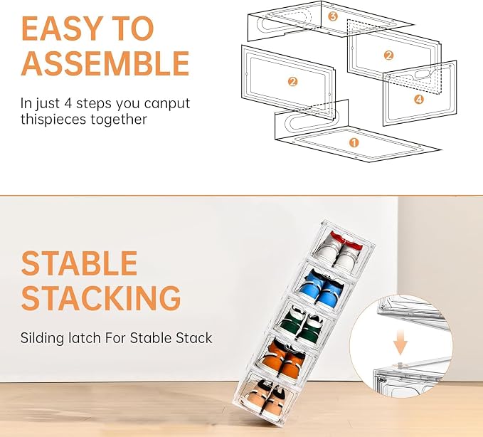 INSTY 6 Pack Large Shoe Storage Box, Clear Shoe Storage Organizer with Magnetic Door, Stackable,Shoe Containers For Display Sneakers, Easy Assembly, Fit up to US Size 12, Clear - Image 7