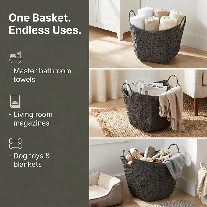 Household Essentials Handwoven Paper Rope Storage Basket with Metal Frame and Handles, Gray - Image 10