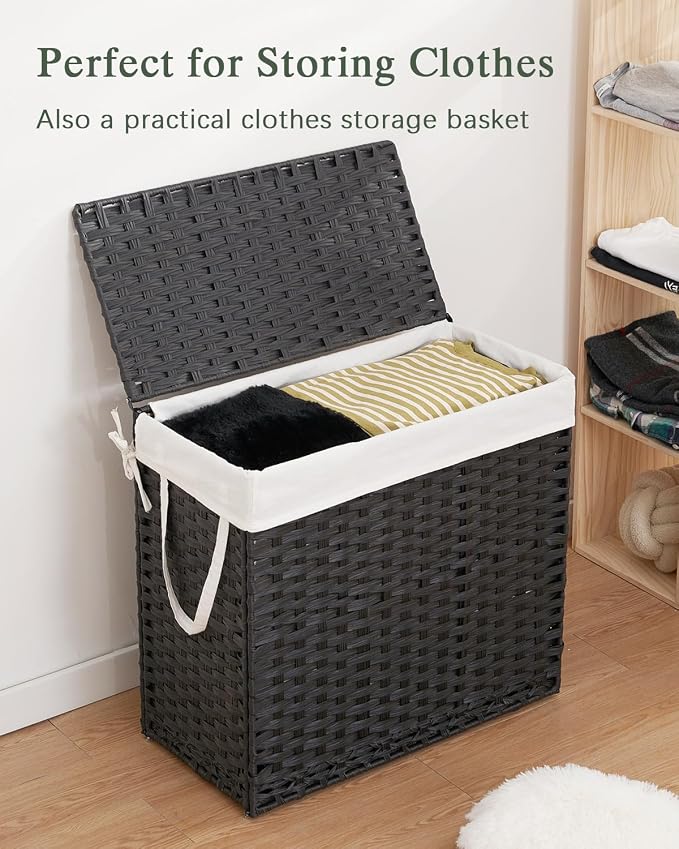 SETVSON Laundry Hamper with Lid Laundry Basket 35 Gal PE Rattan, Black | Large Family Clothes Sorter Trunk with Lid, 4 Compartment Washable Liners, 6 Mesh Bags, Collapsible Steel Frame - Image 4