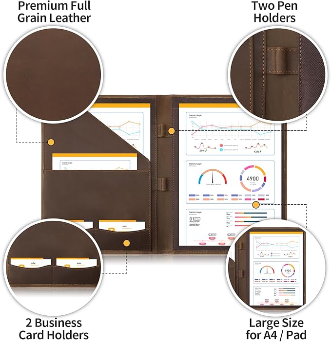 Leather Portfolio Organizer for Men Women, Leather Padfolio Business Resume Legal Pad Portfolio Notebook Binder for A4/Pad, Leather Folio Leather Folder, Brown - Image 4