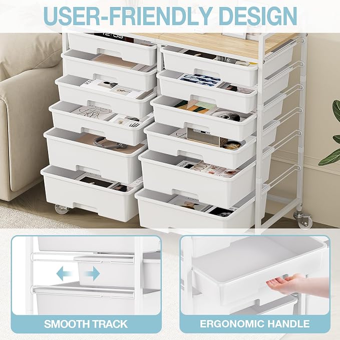 TOOLF 12 Drawers Rolling Storage Cart with Wooden Top for Classroom,White | Teacher Cart Craft Art Supply Organizer, Utility Cart with Lockable Wheels for Home Household Essentials, Office Organization - Image 5