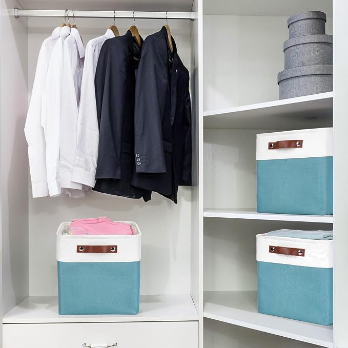 Collapsible Fabric Storage Cubes 11x11 Cube Storage Bins, 4 Pack Closet Baskets Box with Handles for Organizing, Shelf, Toys, Clothes, Home, Office, Nursery (Teal&White) - Image 2