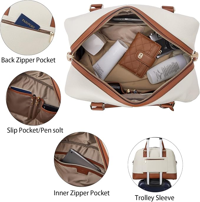 BOSTANTEN Weekender Bags for Women Travel Genuine Leather Overnight Bags | Trolley Sleeve, Fits Under-seat, Airline-Friendly Carry-on Size, Pen Slot, Designer, Weekend Getaways, Business Trip - Image 6