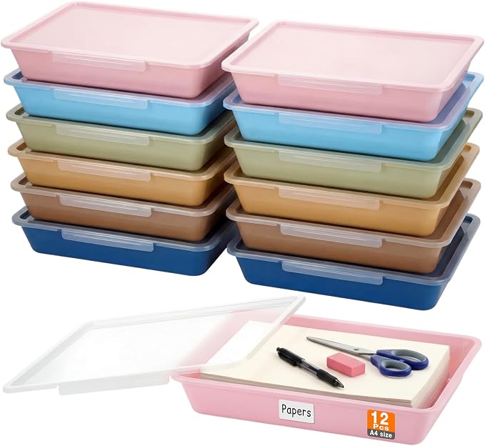 12 Pcs Classroom Paper Storage Bins with Clear Latching Lids Labels, Letter Size Stackable Flat Trays Container Paper Organizer for Teacher Back to School Office Arts Crafts (Morandi,13x10in) by Tinlade