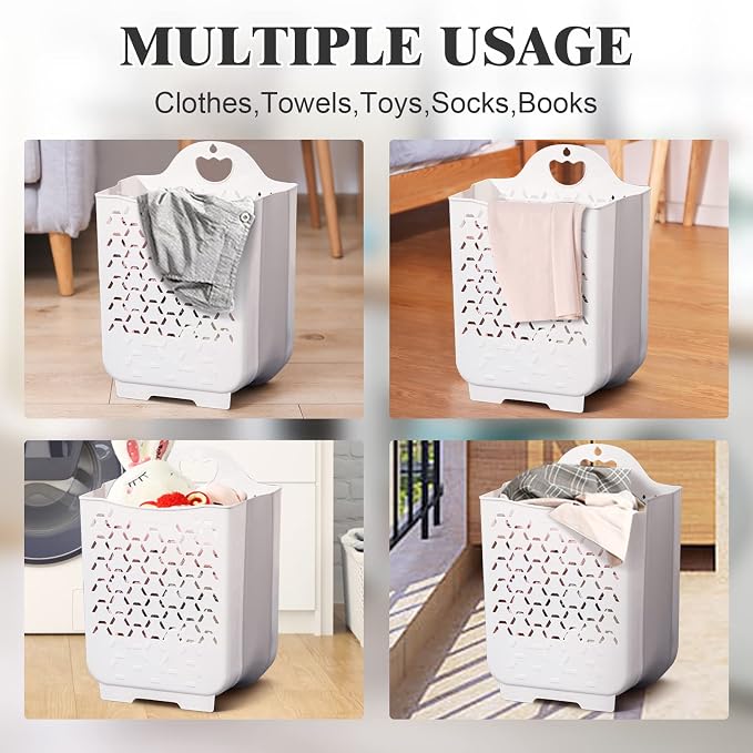 Collapsible Laundry Basket 2Pack,Space-Saving Hanging Clothes Hamper,White | Small plastic hamper, hung on wall/door. Ventilated, slim & portable. Narrow for bathroom, kitchen, travel, dorm, nursery. - Image 3
