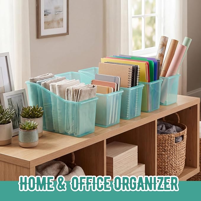 Geetery 24 Pcs Book Bin for Classroom with Labels Stackable Plastic Organizing Bins 11.5 x 5.4 x 7.5 in Book Holders Storage Bins Box Baskets for Classroom Library Home (Blue-Green) - Image 4