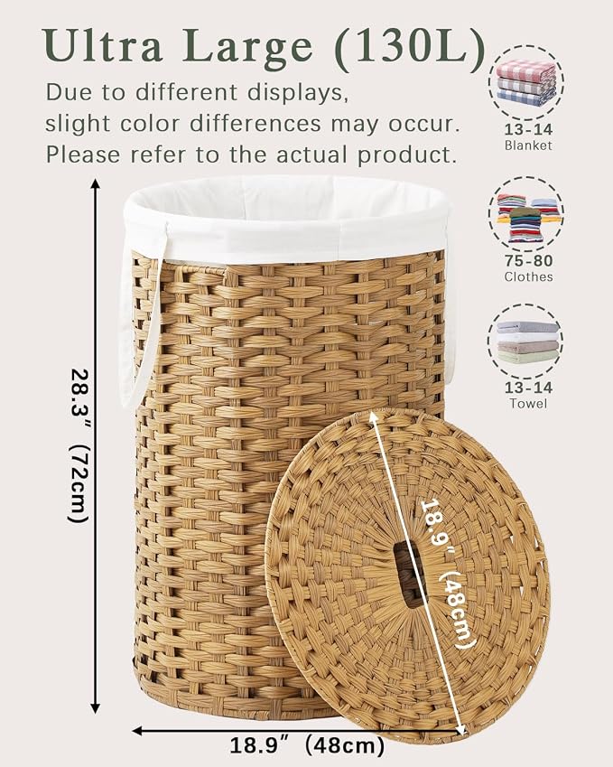 SETVSON Large Laundry Hamper Laundry Basket Round 34.3 Gal PE, Natural | 130L Jumbo Family PE Rattan Hamper, Removable Washable Liner Bag with Handles, 2 Mesh Wash Bags, Steel Frame, Foldable - Image 4