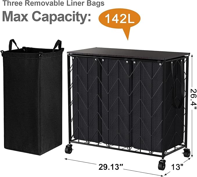 WOWLIVE Laundry Hamper 3 Section with Lid, 142L Laundry Basket with Wheels | Rolling Dirty Clothes Hamper with Removable Bags, Large Iron-Made Laundry Basket Organizer Laundry Sorter for Dorm, Black - Image 4