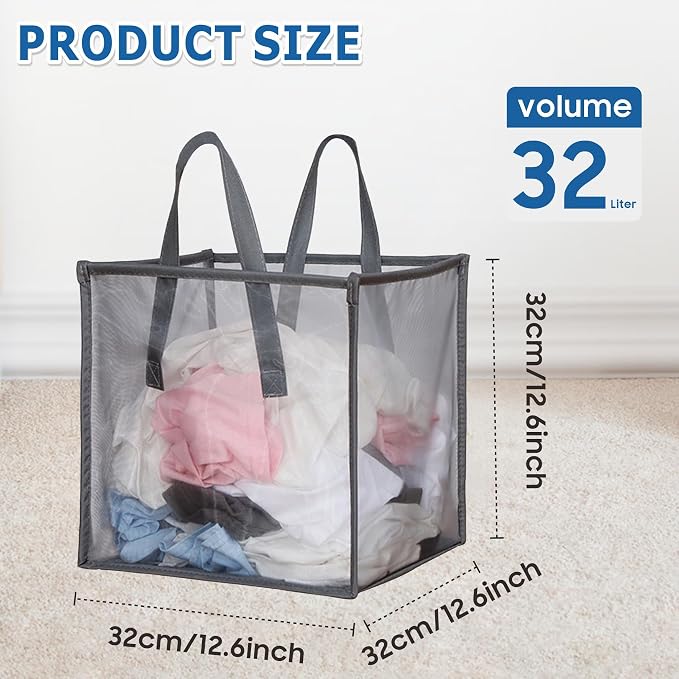 2 Pack Mesh Pop Up Laundry Basket with Handles 32L Portable and Foldable Laundry Hamper Washing Baskets for Tidy Storage Clothes Toys (1 Pack Grey+1 Pack Black) - Image 6