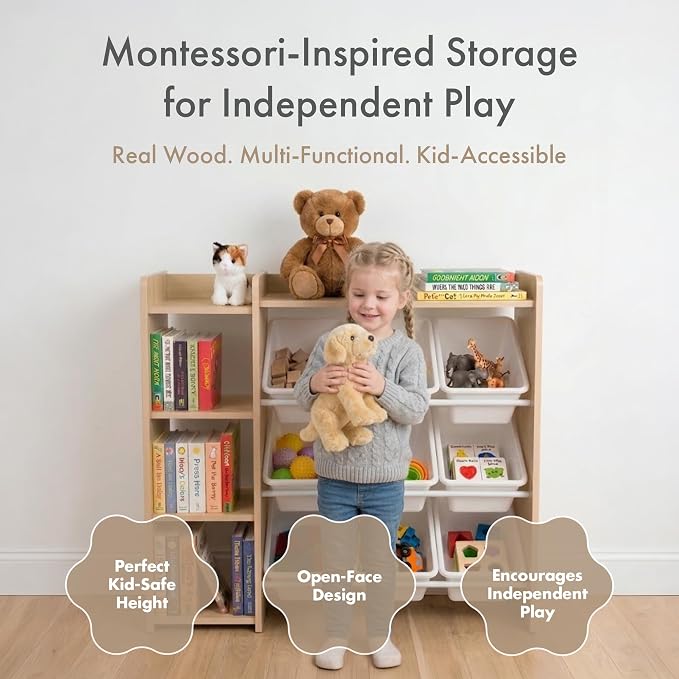 Humble Crew Kids Toy Storage Organizer with Bookshelf, 9 Bins, Solid Wood | Built in side bookshelf, removable bins, solid hardwood, compact 35 in wide, toddler friendly, for playrooms and nurseries - Image 3