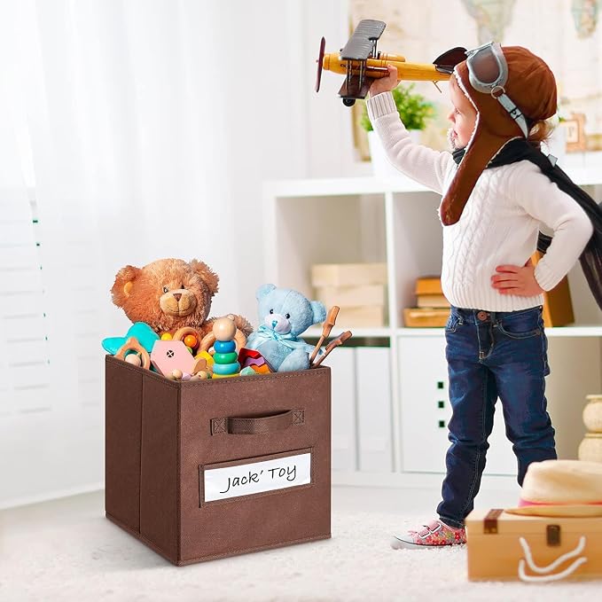 13x13x13 Storage cube bins(Set of 8) Fabric storage cubes with 8 Labels Window Cards & a Pen, Storage cubes 13x13, Collapsible 13 inch Cube storage bins, Cubby Organizer Boxes, Brown - Image 5