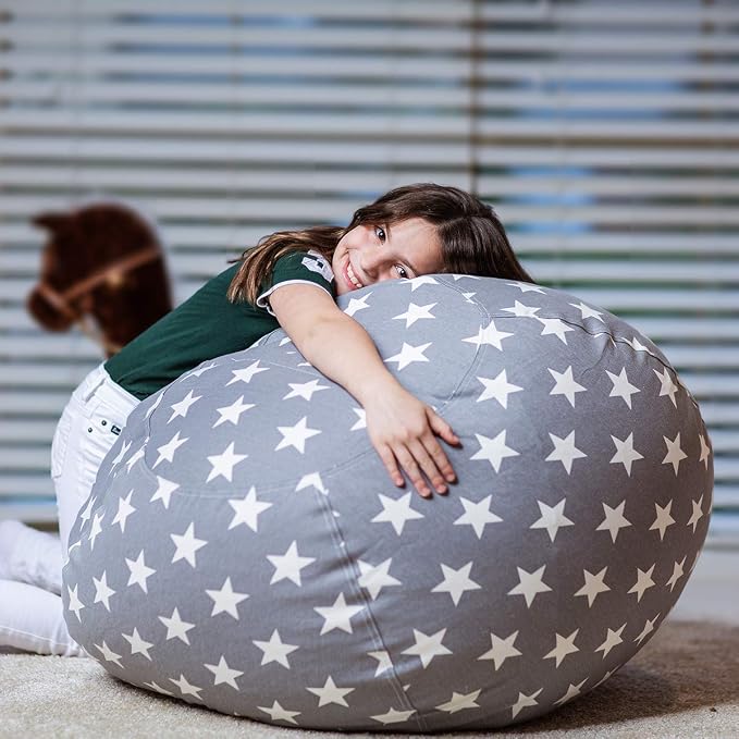 WEKAPO Stuffed Animal Storage Bean Bag Chair Cover for Kids | Stuffable Zipper Beanbag for Organizing Children Plush Toys Large Premium Cotton Canvas (Grey Star, X-Large) - Image 4
