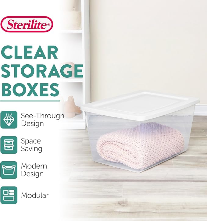 Sterilite Clear Storage Box Stackable Tote, 58 Quart, 32-Pack | Clear Plastic Container with Secure Snapping Lids for Home and Office Organization, White - Image 2