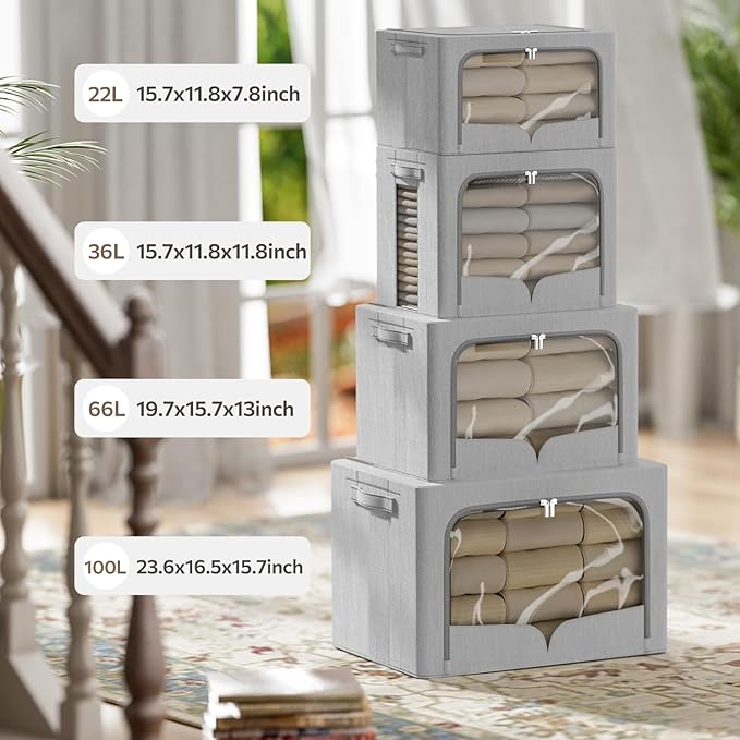 FHSQX 3 Pack Clothes Storage Bins with Metal Frame-36L | 15.7x11.8x11.8inch,Portable, Large Clear Window, Stackable, Durable Handles, Foldable, Linen Fabric - Image 4
