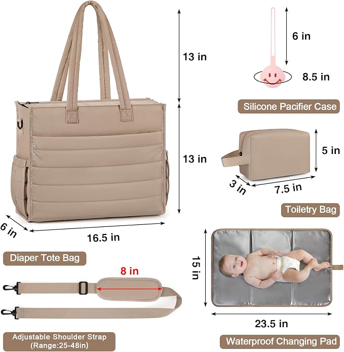 Diaper Bag Tote for Baby, Large Hospital Mommy Bag for Labor Delivery | Lightweight Puffy 4pcs Diaper Tote with Changing Pad, Toiletry Bag and Pacifier Case, Travel, Hospital, Newborn Essentials - Image 6