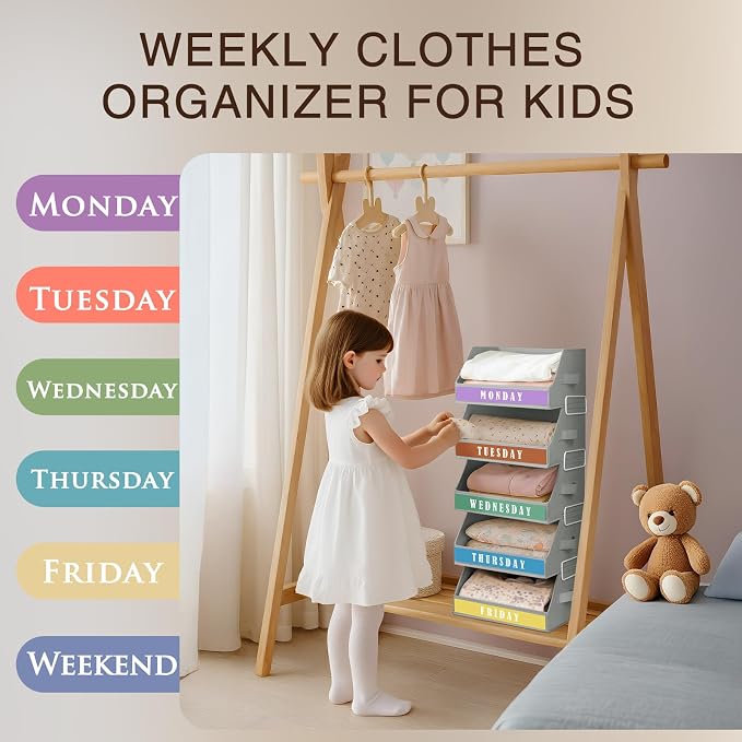 Closet Organizers and Storage - 5 Tier Shelf Organizer with Weekly Labels, Stackable Storage Bins with Metal Frame, Foldable Cube Bins, Home Baskets for Kids and Adults, Grey - Image 6