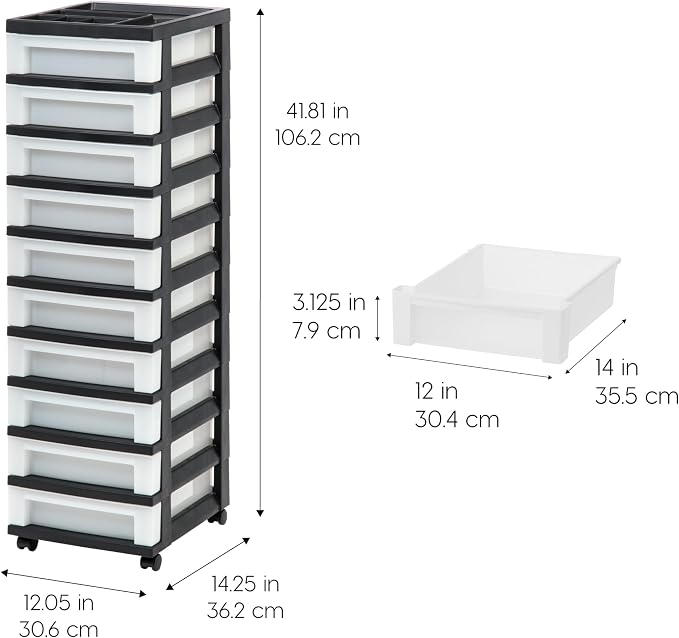 IRIS USA 10-Drawer Rolling Storage Cart, Black/Pearl | Keep classroom supplies, teacher essentials, craft materials, and learning tools organized with easy-access drawers. - Image 3
