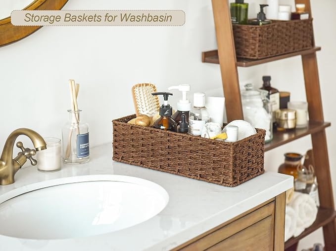 StorageWorks Toilet Paper Basket, Paper Rope Back of Toilet Basket, Walnut | Wicker Basket, Toilet Paper Storage for Back of Toilet Tank, Woven Baskets for Shelves, Wicker Baskets with 3 Compartments - Image 3