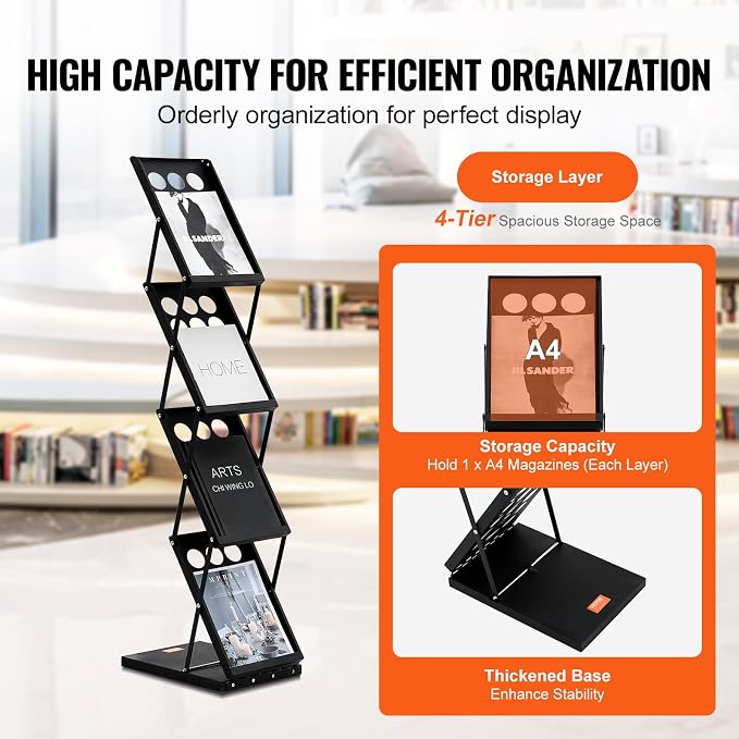 VEVOR Foldable Magazine Display Rack, 4-Tier Brochure Literature Display Stand, Portable Catalog Brochure Holder Stand with Carrying Bag for Office Trade Show Exhibitions, 4 Pockets - Image 3