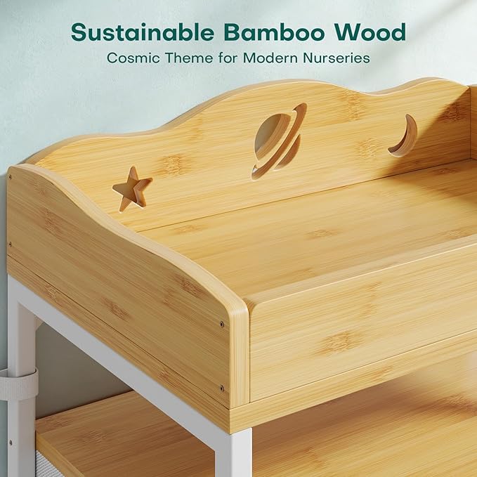 POKIPO Bamboo Changing Table Dresser with Sturdy Metal Frame, 4 Fabric Drawers, 3-in-1 Baby Dresser with Changing Table Top, Diaper Changing Station and Storage Organizer for Modern Nursery - Image 6