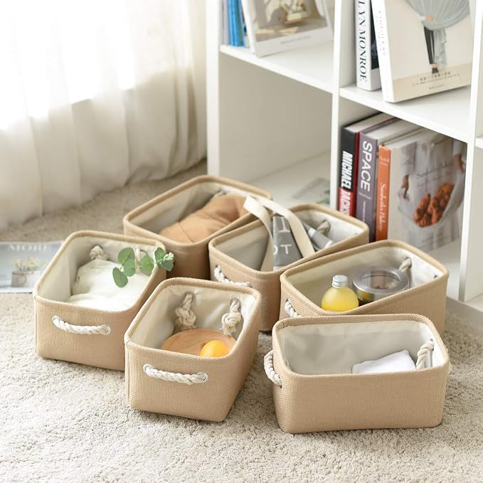 Storage Basket for Organizing - Small 6 Pack 11.8x7.8x5.2 inch Fabric Storage Cubes with Cotton Rope Handle, Collapsible Storage Bins Baby Storage Toy Nursery (Beige) - Image 5