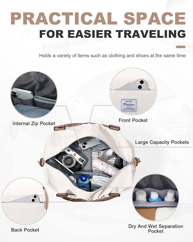 Travel Duffel Weekender Bag Women Tote Carry On Bags With Shoe Compartment | 18x14x8 inches Travel Overnight Bags with Trolley Sleeve for Airplanes Sport Tote Gym for Men Lightweight Daypack BeigeBrown - Image 3