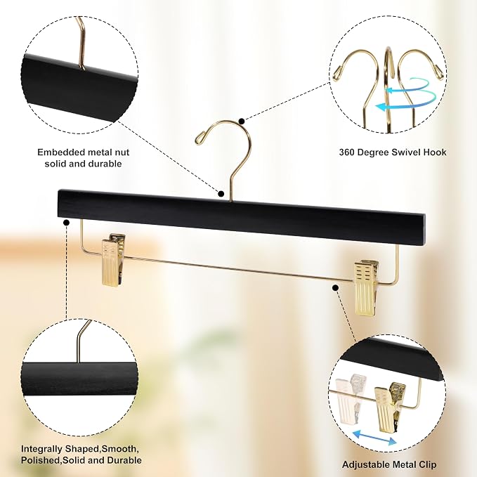 Quality Hangers Wooden Pants Hangers - Multi-Pack Swivel Hook Cloth Hanger Set - Lotus Wood Skirt, Pant, Shorts and Slack Hangers with Adjustable Clip – Clothing Hanger Set (120, Black - Gold Hook) - Image 2