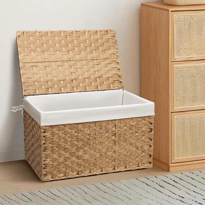 Wicker Storage Basket with Lid, 52.8 Gallon (200L) Large Blanket Basket with Lid, Woven Storage Bin with Handles, Removable Liner, Metal Frame, Foldable, for Bedroom, Laundry Room, Natural - Image 5