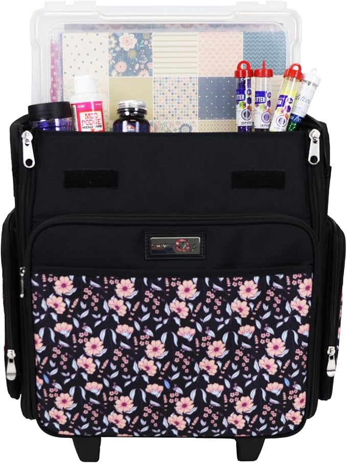 Everything Mary Rolling Scrapbook Tote – Black & Floral Trim Foldable Craft Organizer Tote for Scrapbooking Supplies, Art Tools, Paper & Accessories – Portable Storage Bag - Image 3
