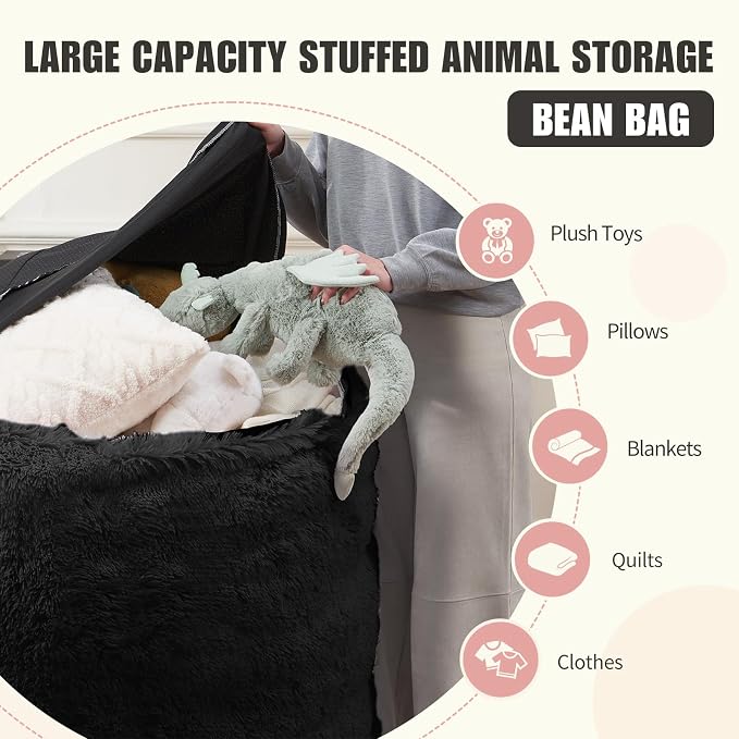Bean Bag Cover (No Filler), Faux Fur Beanbag Chairs Covers Only, Stuffed Animal Storage Bean Bag, Giant Washable Beanbag Cover Without Filling, 5FT, Black - Image 3