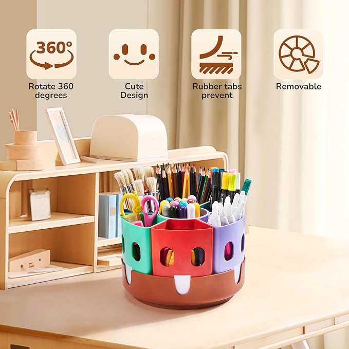 GAMENOTE Rotating Art Supply Organizer, Lazy Susan Caddy, Small | Rotating organizer keeps markers, crayons and craft supplies visible and easy to reach on classroom or home desks - Image 5