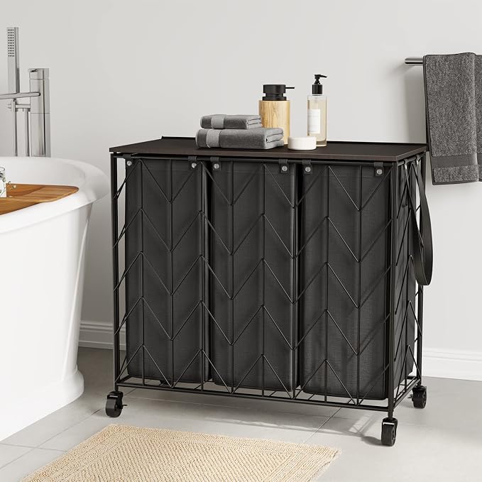 WOWLIVE Laundry Hamper 3 Section with Lid, 142L Laundry Basket with Wheels | Rolling Dirty Clothes Hamper with Removable Bags, Large Iron-Made Laundry Basket Organizer Laundry Sorter for Dorm, Black - Image 3