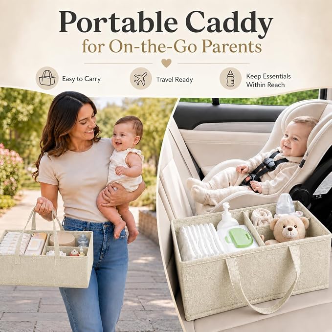 Baby Diaper Caddy Organizer Cart with Adjustable Shelf and Detachable Dividers, Off-White 3 Tier Rolling Storage Cart Metal on Wheels, Bedside Trolley Carts for Baby Essentials, Nursery, Newborn Stuff - Image 7