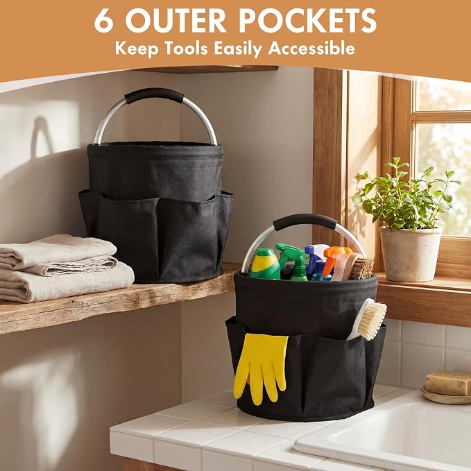 LemonRoad 4 Pack Cleaning Caddy with Handle 17L Foldable Cleaning Supplies Organizer Oxford Cloth Storage Basket with 6 Pockets & Soft Grip Portable Multi Bucket Bag for Home, Garden (Black) - Image 4