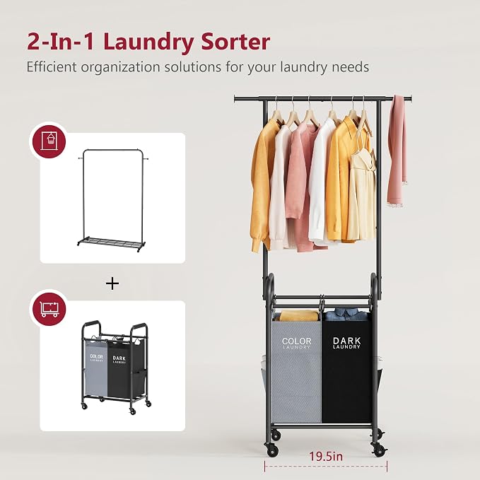 Laundry Sorter with Hanging Bar, 2 Bag laundry cart, Black & Gray | 2 Section Laundry Hamper with Lockable Wheels and Removable Bag, Laundry Cart with Hanging Rack for Laundry Room, Bathroom - Image 3