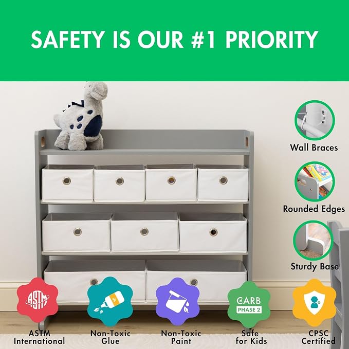 Humble Crew Kids Toy Organizer with 9 Fabric Bins, 3 Tier Storage Shelf | Sturdy wood and steel toddler frame, collapsible containers, wall anchor anti-tip safety kit for playroom, bedroom, classroom - Image 4