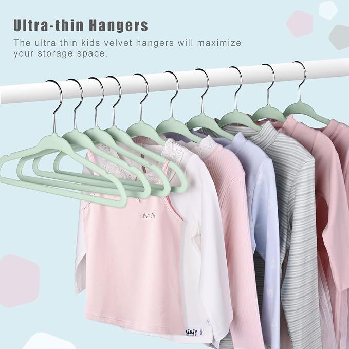 BAGAIL 50 Pack Kids Velvet Hangers 14 Inches Children's Clothes Hangers Non-Slip Baby Hangers for Infant/Toddler (Lime Cream) - Image 5