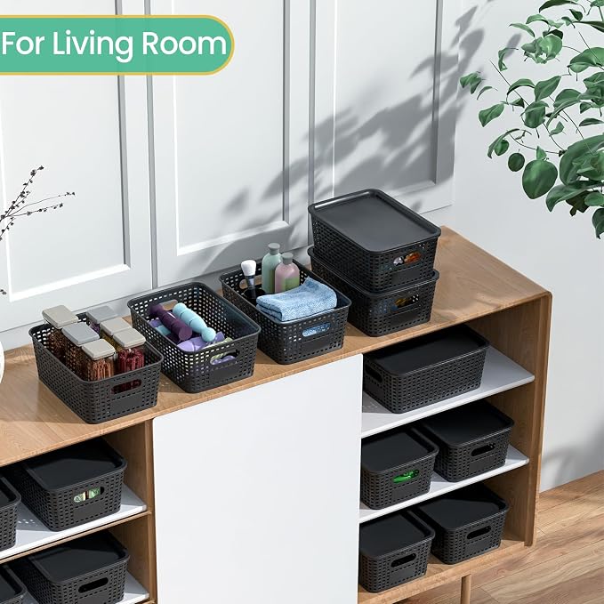 Ohmlove 8 Pack Plastic Storage Baskets with Lids for Organization | Stackable Storage bins, Storages Baskets for Organizing Shelves Drawers Desktop Closet Playroom Classroom Office, Black - Image 4