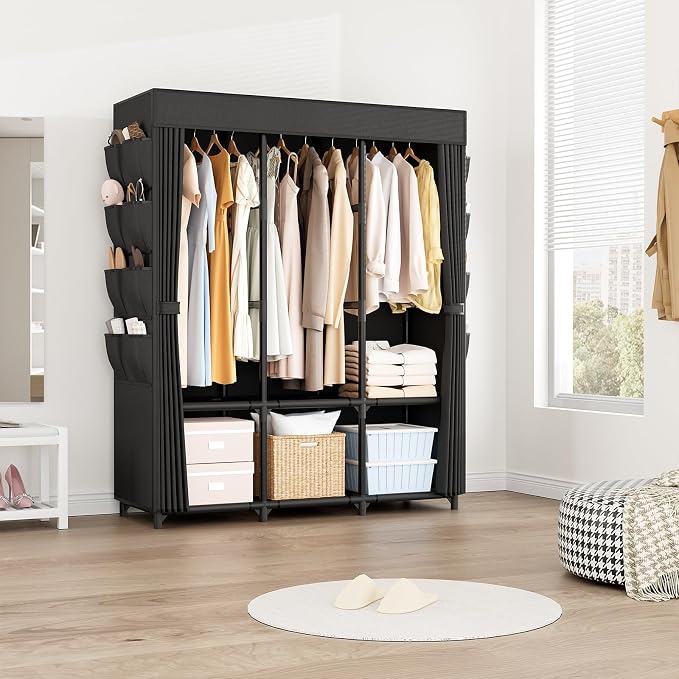 Wardrobe Closet, Portable Closets for Hanging Clothes 19mm Steel Tube Portable Wardrobe Closet for Bedroom, Clothes Rack with Cover, 3 Hanging Rod, 6 Storage Shelves and Side Pocket - Image 8