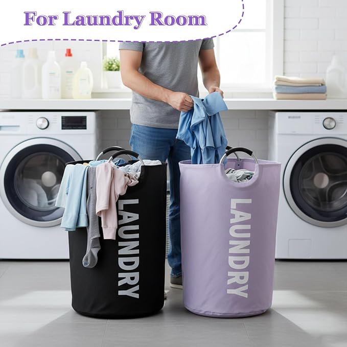 2Pack 125L Laundry Hamper, Oxford Clothes Basket with Padded Handle | IHOMAGIC Tall Blanket Basket, Freestanding Clothes Hamper, Water-resistant Storage Basket for Hotel, Family, Black+Purple - Image 3