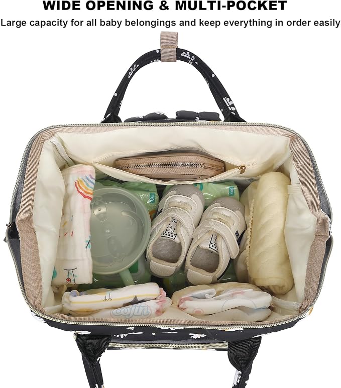 Daisy Baby Diaper Bag Backpack for Girls Boys, Waterproof Large Maternity Nappy Bags for Mom (Black) - Image 4
