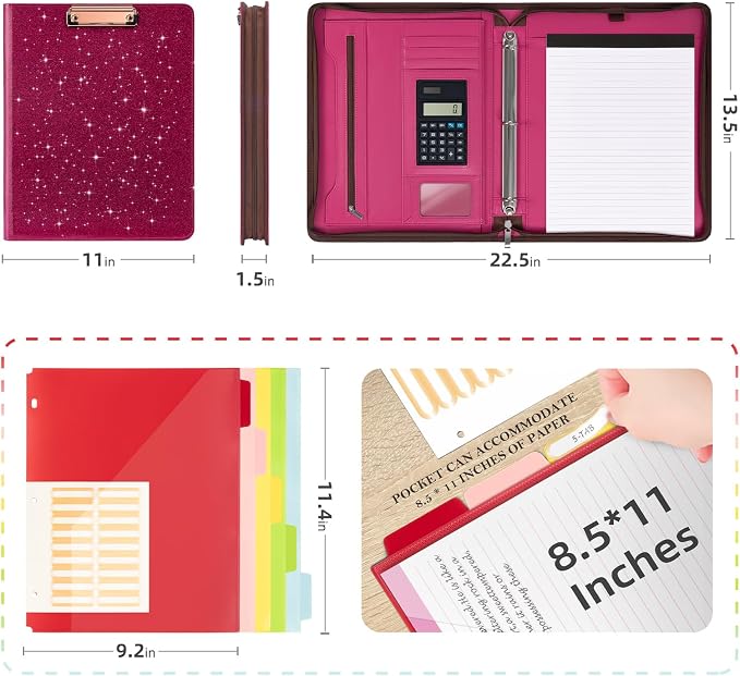 Ospelelf Zipper Clipboard with Storage, Leather Padfolio Portfolio Folder, 3 Ring Binder Dividers with Tabs, 12.1” Tablet Sleeve, Refillable Notepad, Card Slot (Rose Red) - Image 2