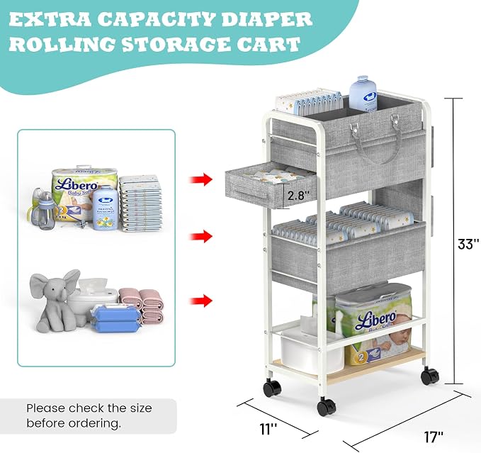 LIDTOP 2In1 Diaper Caddy & 4-Tier Rolling Diaper Cart, Diaper Caddy Organizer Cart with Dividers & Drawer, Mobile Metal Bedside Cart for Baby Nursery Essentials Storage, Large Capacity, White - Image 2