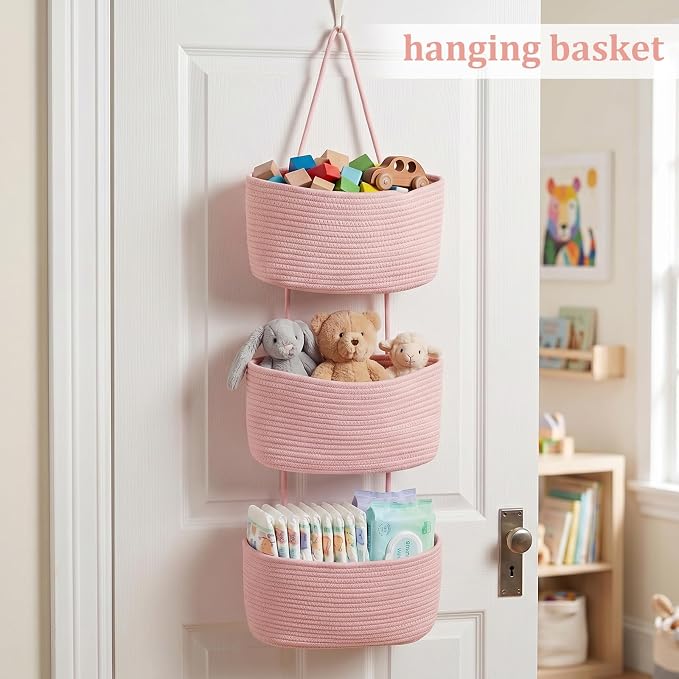 TeoKJ Over the Door Hanging Basket, 3-Tier Woven Cotton Wall-Mounted Storage Organizer Bag Decorative Hanging Nursery Baskets, Pink - Image 4