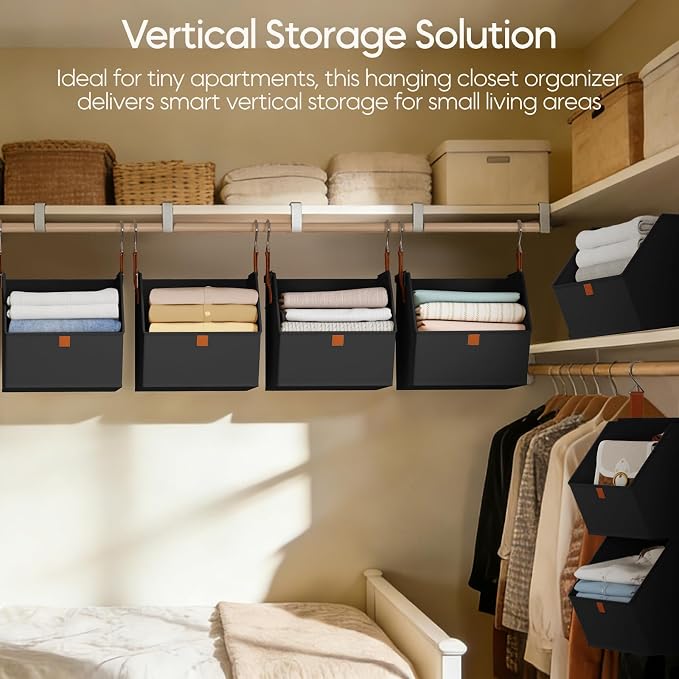 Collapsible Hanging Closet Organizer - 6 Tier Closet Shelves Storage System with Hooks, Fabric Hanging Storage Bins for Clothes, Foldable Storage Basket for Laundry, Bedroom, Rv, Black - Image 2